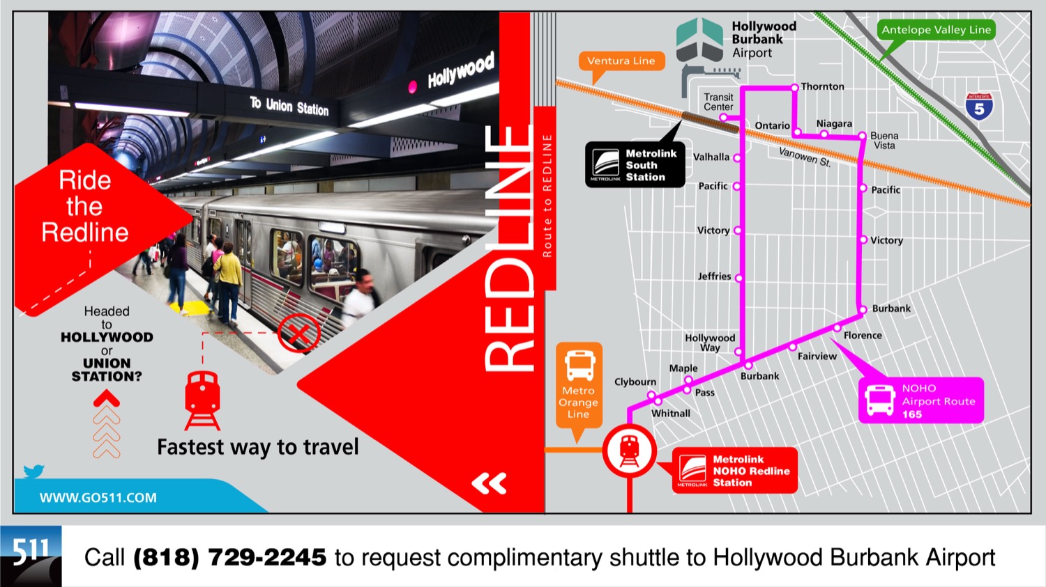 Metrolink and Metro B Line route graphic to Hollywood Burbank Airport